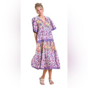 Umgee Floral Purple Tiered Midi Dress - Lightweight V‑Neck for Women